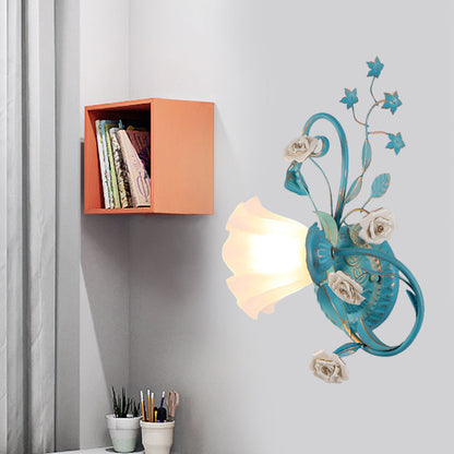 Rynx | One-Sided Opal Matte Glass Wall Lamp Pastoral Blue-Pink/Blue-White Scroll Flower Corner Wall Lamp, Left/Right