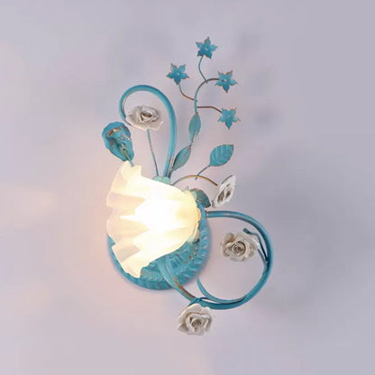 Rynx | One-Sided Opal Matte Glass Wall Lamp Pastoral Blue-Pink/Blue-White Scroll Flower Corner Wall Lamp, Left/Right