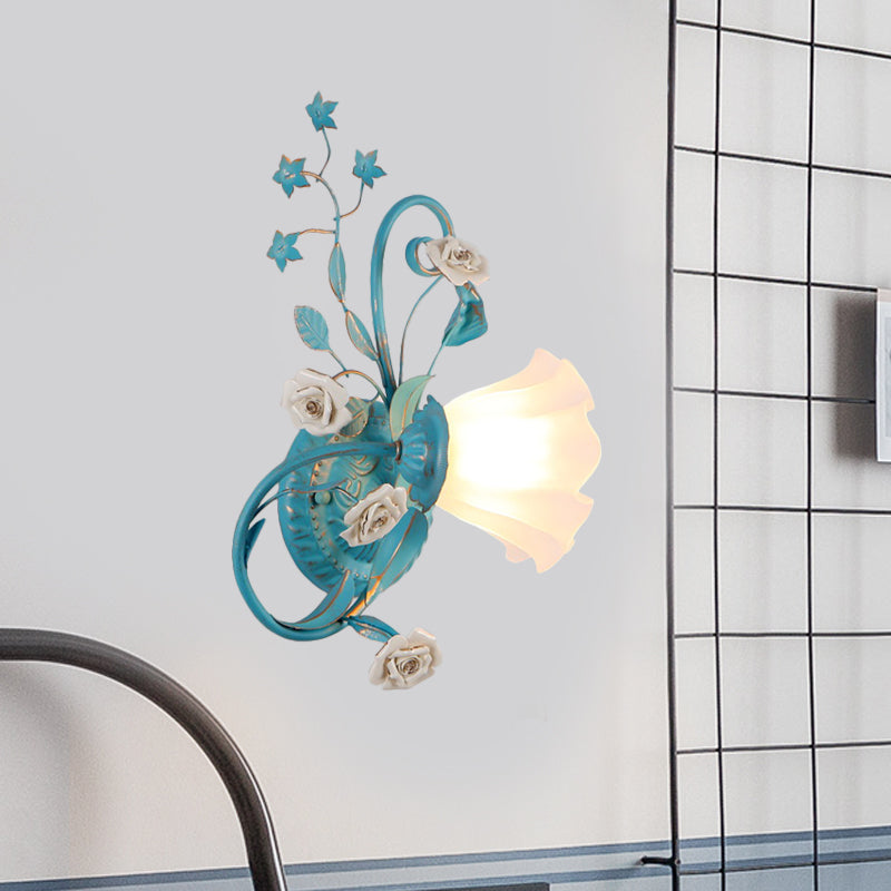 Rynx | One-Sided Opal Matte Glass Wall Lamp Pastoral Blue-Pink/Blue-White Scroll Flower Corner Wall Lamp, Left/Right