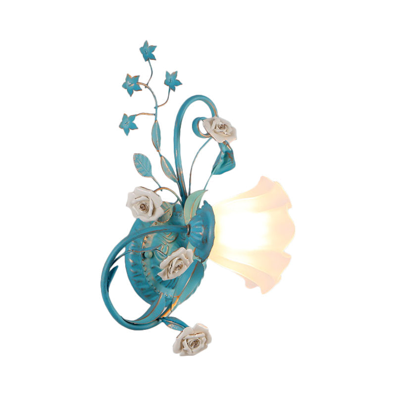 Rynx | One-Sided Opal Matte Glass Wall Lamp Pastoral Blue-Pink/Blue-White Scroll Flower Corner Wall Lamp, Left/Right