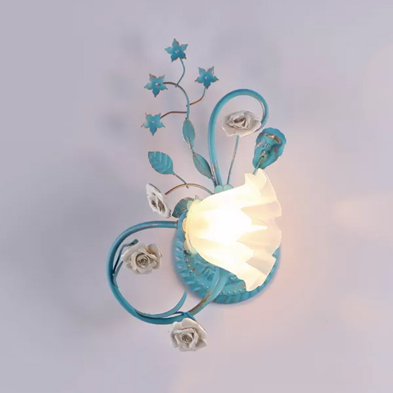 Rynx | One-Sided Opal Matte Glass Wall Lamp Pastoral Blue-Pink/Blue-White Scroll Flower Corner Wall Lamp, Left/Right