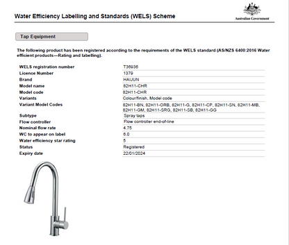 RYNX | Watermark WELS Kitchen Laundry Pull Out Tall Mixer Tap Sink Faucet