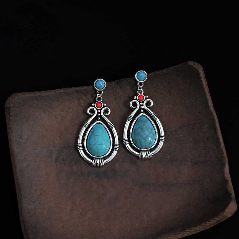 Rynx | Tibetan Silver Art Retro Ethnic Style Turquoise Waterdrop Carved Earrings
