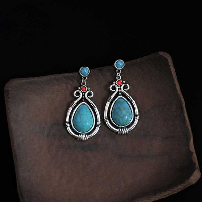 Rynx | Tibetan Silver Art Retro Ethnic Style Turquoise Waterdrop Carved Earrings