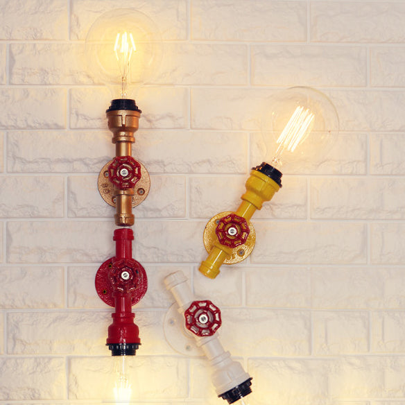 Rynx | Metallic Pipe Wall Light Industrial 1 Bulb Farmhouse Wall Lamp with Raw Valve in White/Red, 1/5-Pack