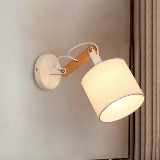 Rynx | Fabric Cylinder Wall Mount Lighting Modernist 1 Bulb White Wall Lamp with Adjustable Wooden Arm