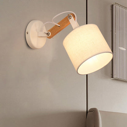 Rynx | Fabric Cylinder Wall Mount Lighting Modernist 1 Bulb White Wall Lamp with Adjustable Wooden Arm
