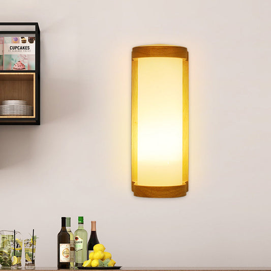 Rynx | Cylinder Cream Glass Wall Light Japanese Style 1 Light Wood Wall Lamp Fixture for Corner