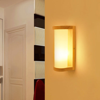 Rynx | Cylinder Cream Glass Wall Light Japanese Style 1 Light Wood Wall Lamp Fixture for Corner