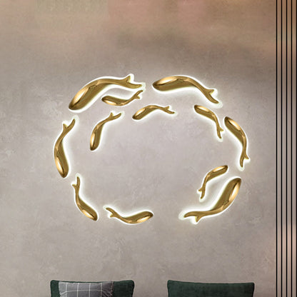 Rynx | Brass-Finish Fish-Like Flush Wall Light Postmodern LED Metal Wall Light, 10"/12" Wide