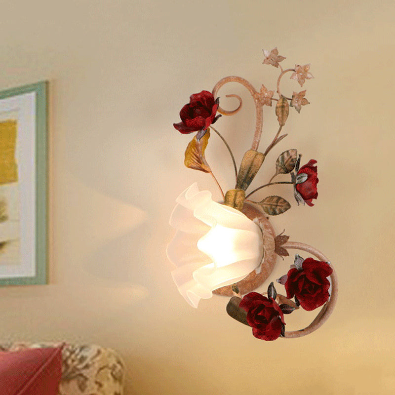 Rynx | 1 Bulb Flower Wall Lamp American Flower Red Brown Frosted White Glass Wall Light, Left/Right