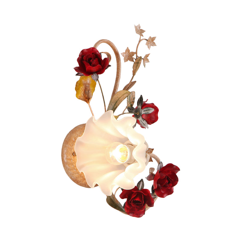 Rynx | 1 Bulb Flower Wall Lamp American Flower Red Brown Frosted White Glass Wall Light, Left/Right