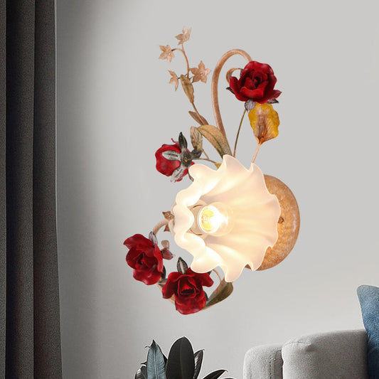 Rynx | 1 Bulb Flower Wall Lamp American Flower Red Brown Frosted White Glass Wall Light, Left/Right