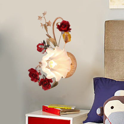 Rynx | 1 Bulb Flower Wall Lamp American Flower Red Brown Frosted White Glass Wall Light, Left/Right