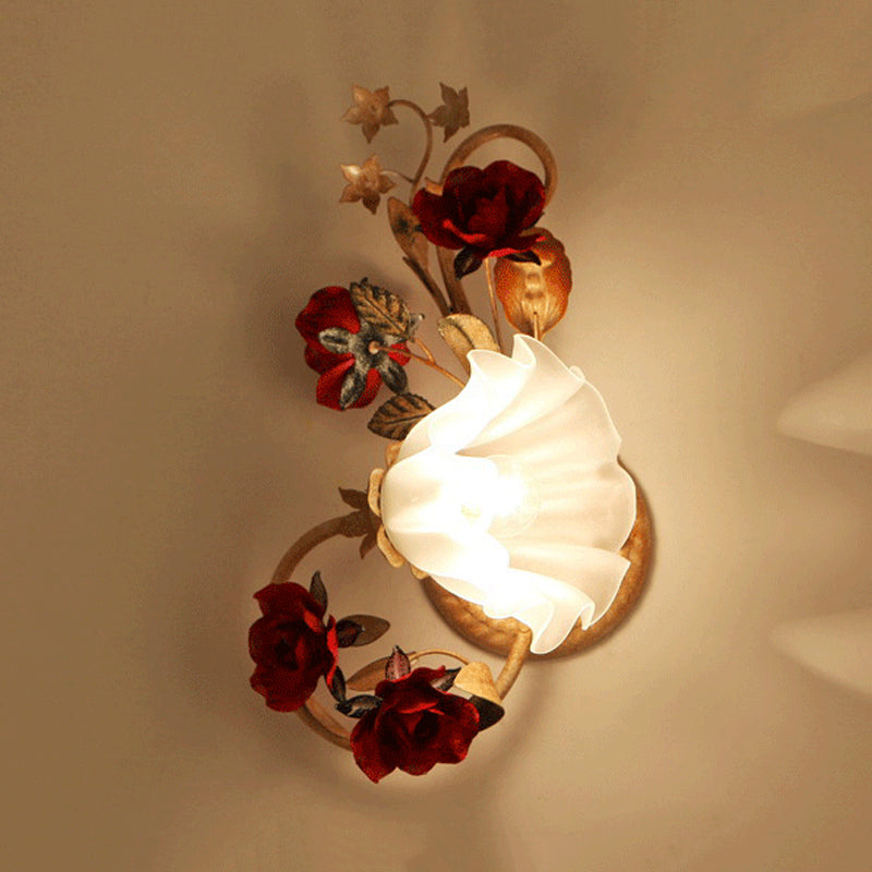 Rynx | 1 Bulb Flower Wall Lamp American Flower Red Brown Frosted White Glass Wall Light, Left/Right