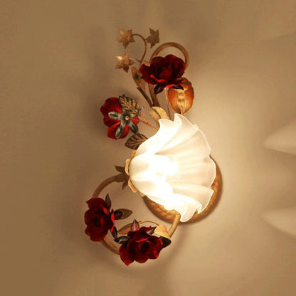 Rynx | 1 Bulb Flower Wall Lamp American Flower Red Brown Frosted White Glass Wall Light, Left/Right
