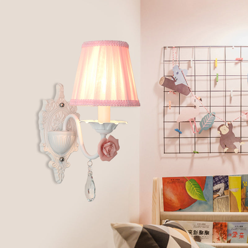 Rynx | 1/2-Head Pleated Fabric Wall Lighting Pastoral Pink/Blue Braided Edge Bed Lamp with Rose Decoration