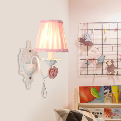 Rynx | 1/2-Head Pleated Fabric Wall Lighting Pastoral Pink/Blue Braided Edge Bed Lamp with Rose Decoration