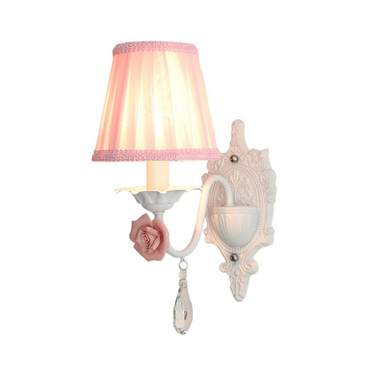 Rynx | 1/2-Head Pleated Fabric Wall Lighting Pastoral Pink/Blue Braided Edge Bed Lamp with Rose Decoration