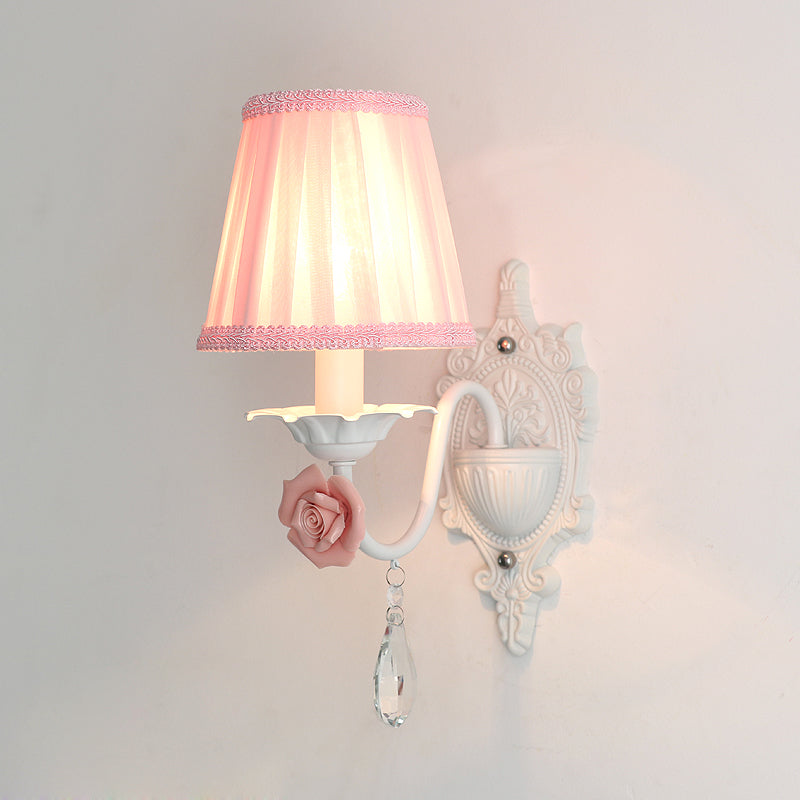 Rynx | 1/2-Head Pleated Fabric Wall Lighting Pastoral Pink/Blue Braided Edge Bed Lamp with Rose Decoration