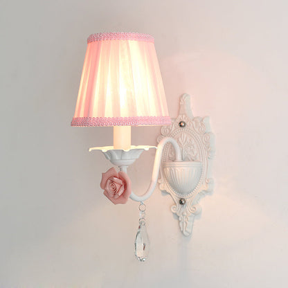 Rynx | 1/2-Head Pleated Fabric Wall Lighting Pastoral Pink/Blue Braided Edge Bed Lamp with Rose Decoration