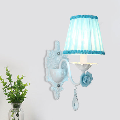 Rynx | 1/2-Head Pleated Fabric Wall Lighting Pastoral Pink/Blue Braided Edge Bed Lamp with Rose Decoration