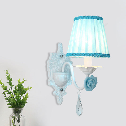 Rynx | 1/2-Head Pleated Fabric Wall Lighting Pastoral Pink/Blue Braided Edge Bed Lamp with Rose Decoration
