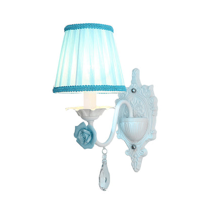 Rynx | 1/2-Head Pleated Fabric Wall Lighting Pastoral Pink/Blue Braided Edge Bed Lamp with Rose Decoration