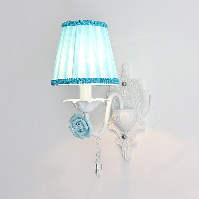Rynx | 1/2-Head Pleated Fabric Wall Lighting Pastoral Pink/Blue Braided Edge Bed Lamp with Rose Decoration