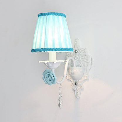 Rynx | 1/2-Head Pleated Fabric Wall Lighting Pastoral Pink/Blue Braided Edge Bed Lamp with Rose Decoration