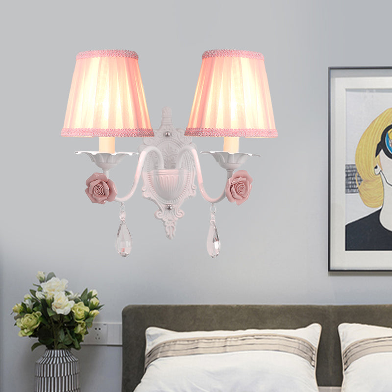 Rynx | 1/2-Head Pleated Fabric Wall Lighting Pastoral Pink/Blue Braided Edge Bed Lamp with Rose Decoration