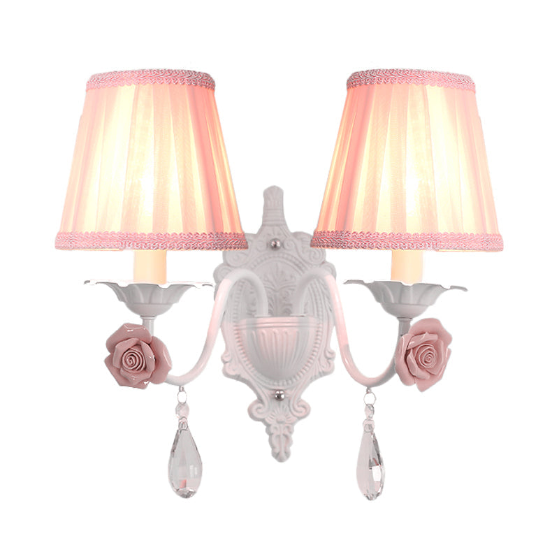 Rynx | 1/2-Head Pleated Fabric Wall Lighting Pastoral Pink/Blue Braided Edge Bed Lamp with Rose Decoration