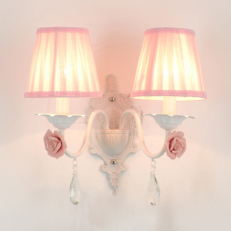 Rynx | 1/2-Head Pleated Fabric Wall Lighting Pastoral Pink/Blue Braided Edge Bed Lamp with Rose Decoration