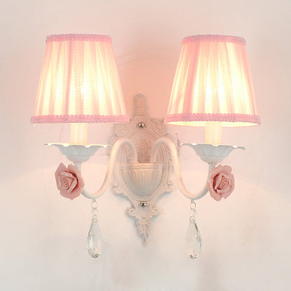 Rynx | 1/2-Head Pleated Fabric Wall Lighting Pastoral Pink/Blue Braided Edge Bed Lamp with Rose Decoration