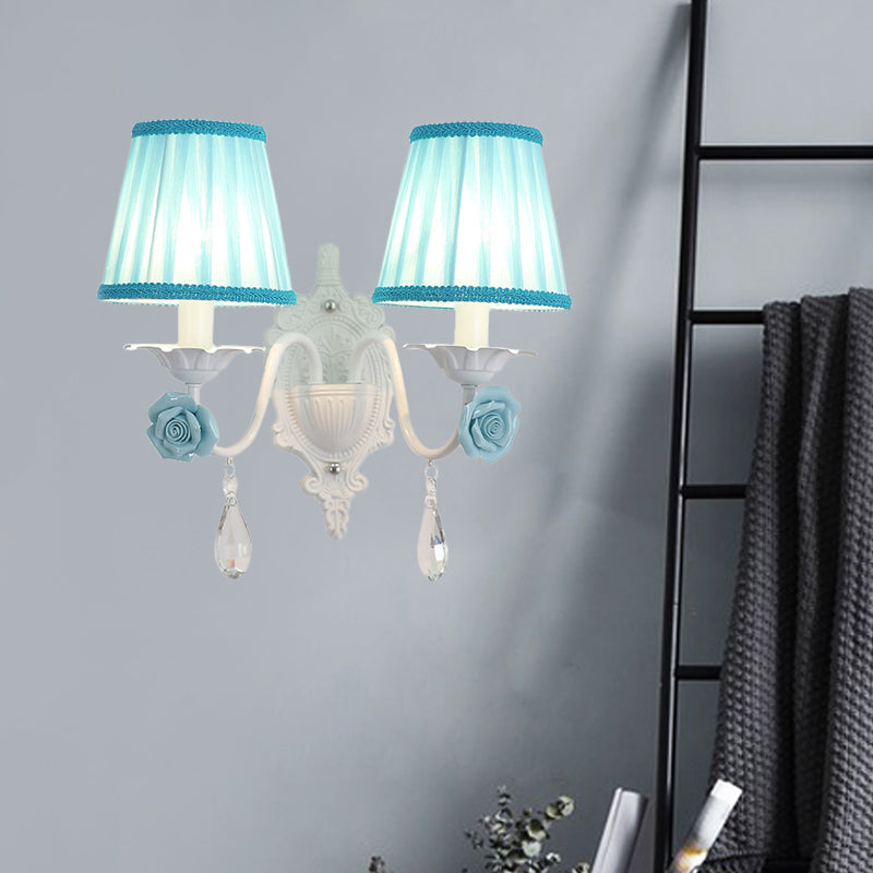 Rynx | 1/2-Head Pleated Fabric Wall Lighting Pastoral Pink/Blue Braided Edge Bed Lamp with Rose Decoration