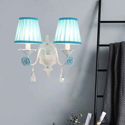 Rynx | 1/2-Head Pleated Fabric Wall Lighting Pastoral Pink/Blue Braided Edge Bed Lamp with Rose Decoration