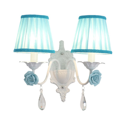 Rynx | 1/2-Head Pleated Fabric Wall Lighting Pastoral Pink/Blue Braided Edge Bed Lamp with Rose Decoration