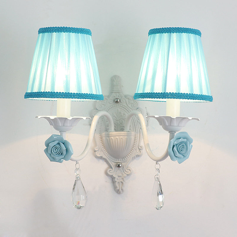 Rynx | 1/2-Head Pleated Fabric Wall Lighting Pastoral Pink/Blue Braided Edge Bed Lamp with Rose Decoration