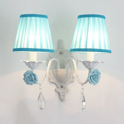 Rynx | 1/2-Head Pleated Fabric Wall Lighting Pastoral Pink/Blue Braided Edge Bed Lamp with Rose Decoration