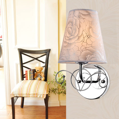 Rynx | Pink Printed Fabric White Wall Lamp Cone Shade 1-Light Rustic Sconces Lighting for Parlor