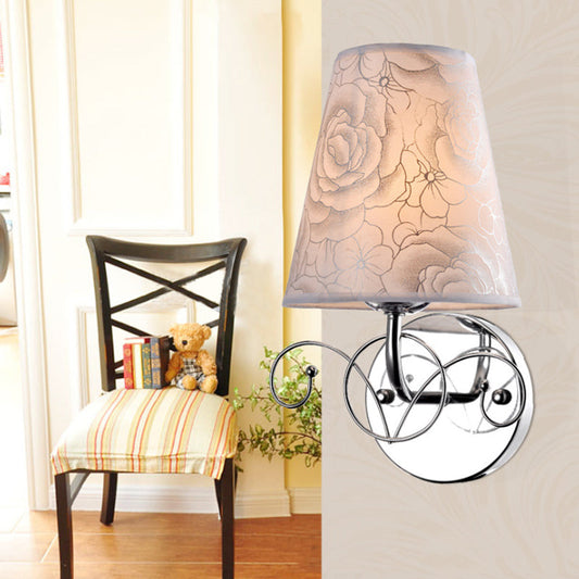Rynx | Pink Printed Fabric White Wall Lamp Cone Shade 1-Light Rustic Sconces Lighting for Parlor