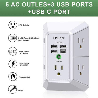 Rynx | Wall Charger Surge Protector, 5-outlet extension with 4 USB ports (4.8A), 1680J power outlet