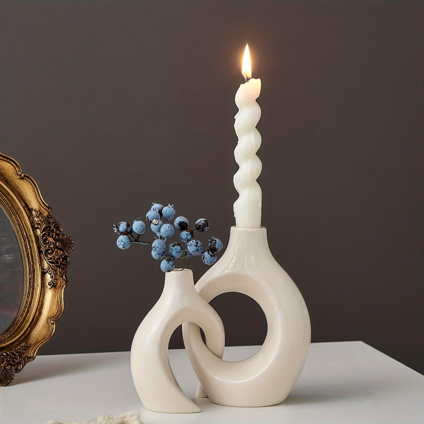 Rynx | 2-Piece Set Ceramic Candle Holders - Matte Finish, Modern Minimalist Design for Table Decoration