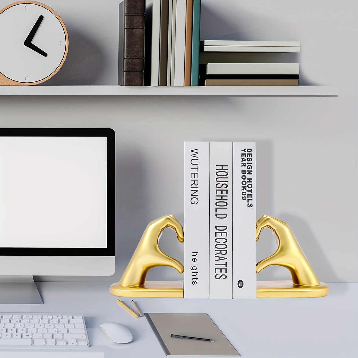 Rynx | Heavy Duty Bookends with Golden Finger Heart Design - Modern Art for Home Decoration