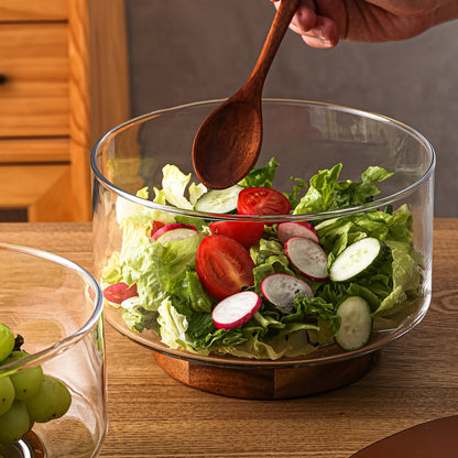 Rynx | GlassServe-Fruit Bowl - Glass fruit bowl with wood base for kitchen table