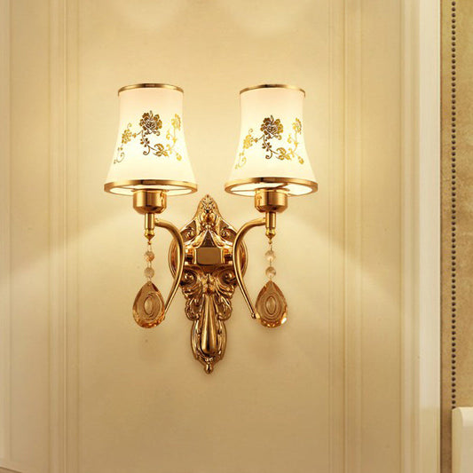 Rynx | 2 Bulbs Bell Wall Light Mid-Century Gold Frosted Glass Wall Lighting with Crystal Pendant
