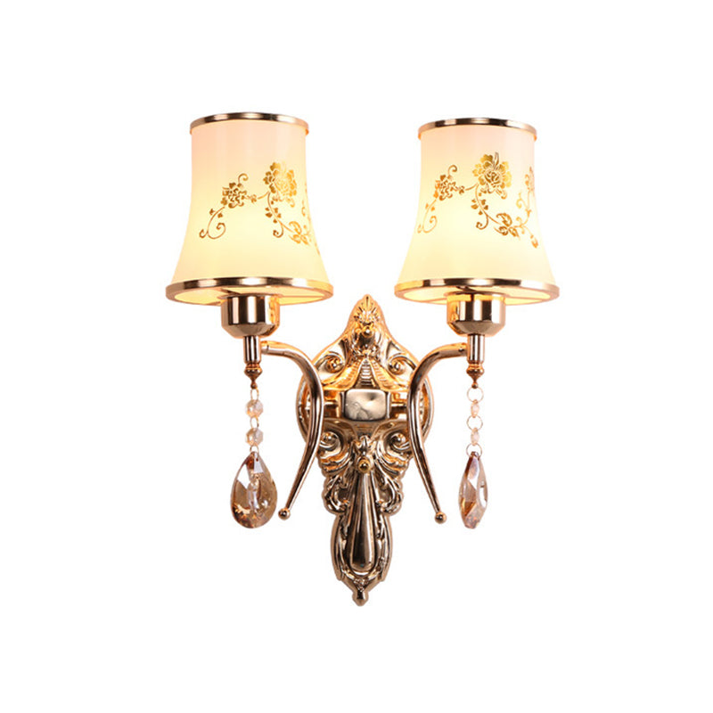 Rynx | 2 Bulbs Bell Wall Light Mid-Century Gold Frosted Glass Wall Lighting with Crystal Pendant