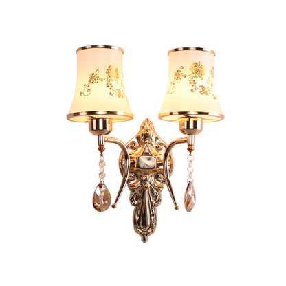 Rynx | 2 Bulbs Bell Wall Light Mid-Century Gold Frosted Glass Wall Lighting with Crystal Pendant