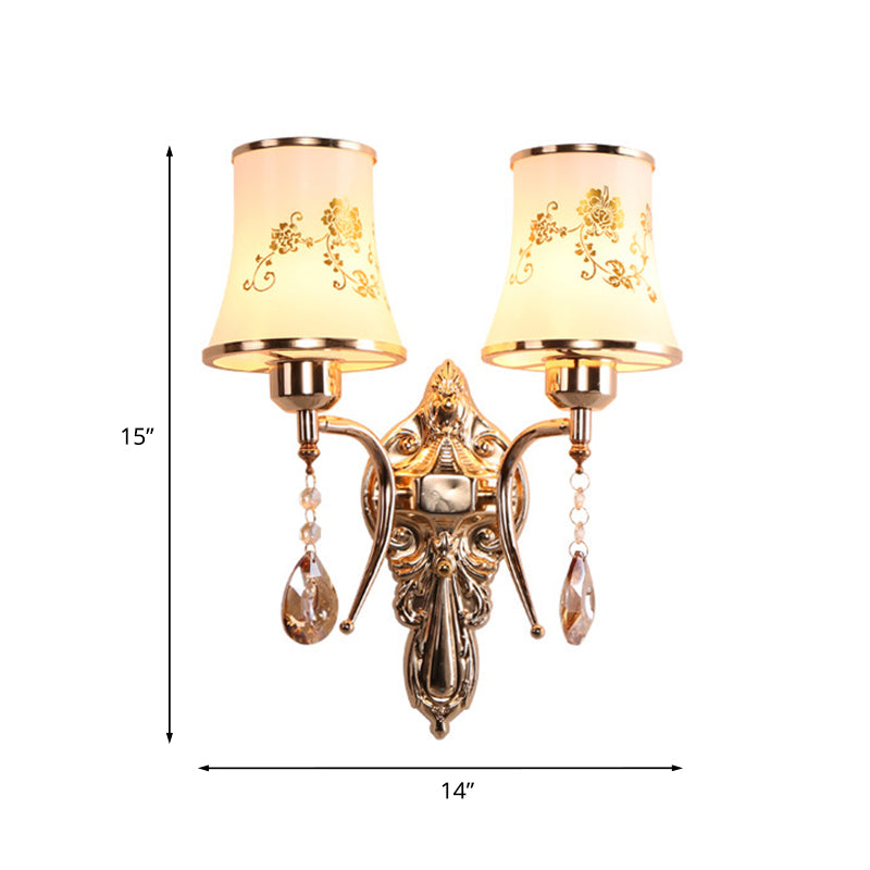 Rynx | 2 Bulbs Bell Wall Light Mid-Century Gold Frosted Glass Wall Lighting with Crystal Pendant