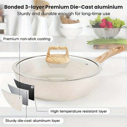 Rynx | 12-Piece Non-Stick Cookware Set – Induction-Ready Granite Pots & Pans, Includes Frying Pan, Steamer, Silicone Spatula, and Tongs, White